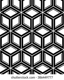 Monochrome abstract interweave geometric seamless pattern. Vector black and white illusory backdrop with three-dimensional intertwine figures. Graphic contemporary covering.