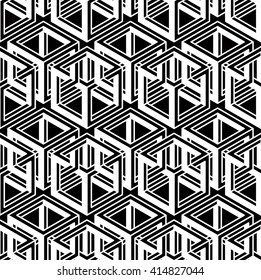 Monochrome abstract interweave geometric seamless pattern. Vector black and white illusory backdrop with three-dimensional intertwine figures. Graphic contemporary covering.