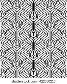 Monochrome abstract interweave geometric seamless pattern. Vector black and white illusory backdrop with three-dimensional intertwine figures. Graphic contemporary covering.