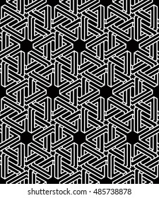 Monochrome abstract interweave geometric seamless pattern. Vector black and white illusory backdrop with three-dimensional intertwine figures. Graphic contemporary covering.