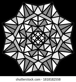 Monochrome abstract kaleidoscope pattern. Black and white mosaic. Vector illustration. Isolated on a black background. 
