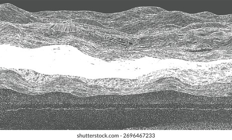 Paisagem abstrata monocromática com colinas texturizadas em camadas e um rio branco.