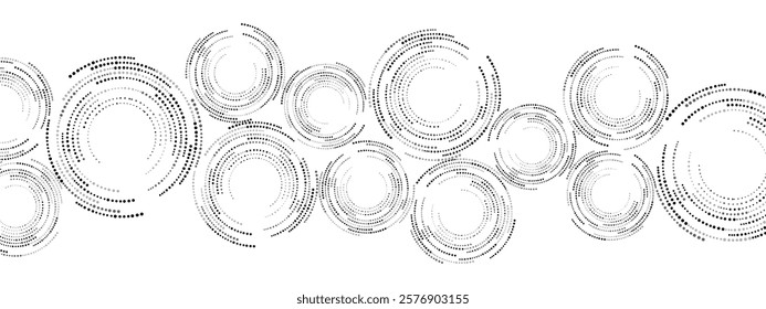 Monochrome abstract mosaic background of spirals, dots. Design of banners, posters, websites, social networks. Texture of maze. Chaotic ornament, circular pattern of small dots. Vector