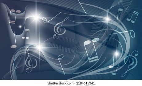 Monochrome abstract musical wallpaper in azure colors. Flashes of light, musical signs against the background of chaotically overlapping art forms, wavy stripes and intertwining smooth lines. Vector.