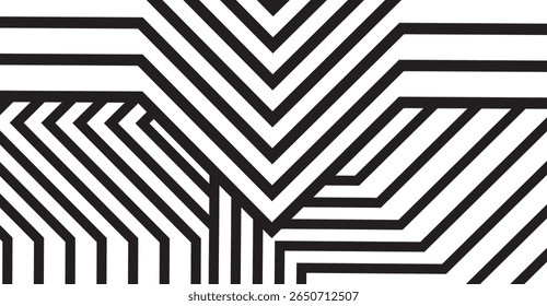 Monochrome abstract pattern displays converging geometric lines and angled stripes, creating a dynamic, high-contrast background with geometric shapes in black and white