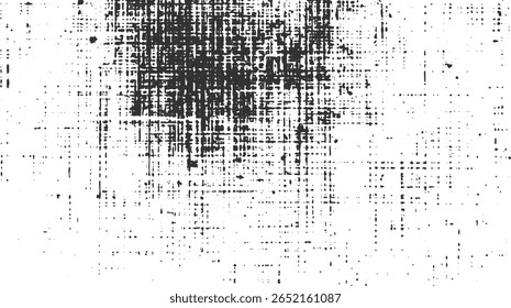 A monochrome abstract pattern featuring a dense grid of black shapes and scattered dots on a white background.