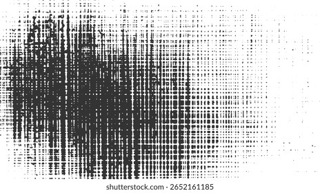 A monochrome abstract pattern featuring dense black shapes and sparse dots against a white background.