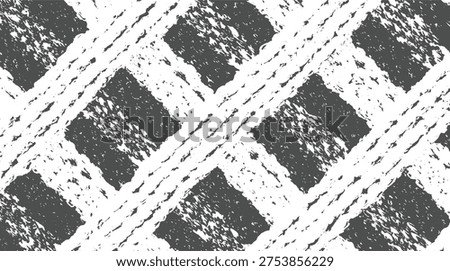 Monochrome abstract pattern featuring a repeating diamond grid with distressed brush stroke textures and a rough, tactile appearance