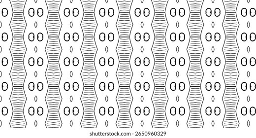 Monochrome abstract pattern featuring rounded double circles and linear textures forming a rhythmic vertical design. Pattern, lineart, repetition, texture, geometric.
