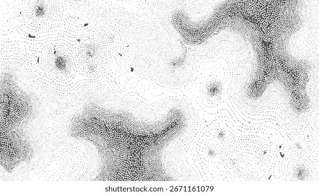 A monochrome abstract pattern of grey dots of varying sizes and densities on a white background.