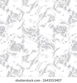 A monochrome abstract pattern with halftone grunge stripes and vertical lines. Ideal for covers, textiles, and digital backgrounds. Vector format.