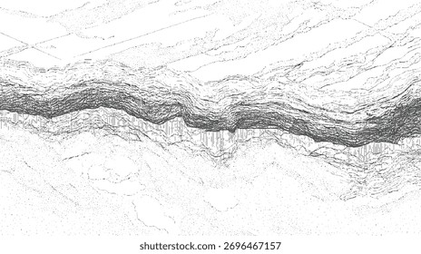 Abstraktes monochromes Muster mit geschichteten Linien und Punkten, das eine strukturierte Oberfläche erzeugt.