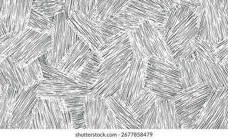 A monochrome abstract pattern of overlapping geometric shapes filled with irregular white scratches on a grey background.