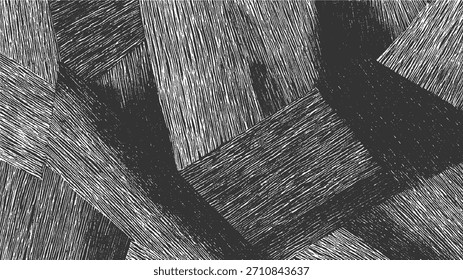 Patrón abstracto monocromo de Formas geométricas superpuestas con textura de eclosión lineal.