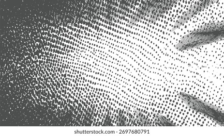 Monochrome abstract pattern with scattered dots and radiating lines creating a dynamic effect.