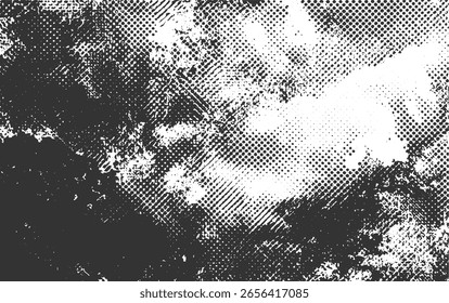 Monochrome abstract pattern with varying dot densities and textured lines creating a distressed effect.