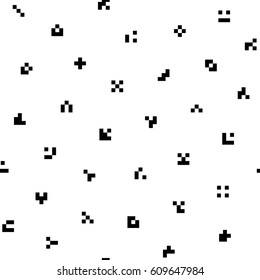 Monochrome abstract pixelated icons seamless pattern for design. Black and white tileable vector background for kids in minimalistic style.