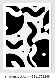 Einfarbiges abstraktes Poster mit Kreise verschiedener Größen und gewellten Linien. Vektorgrafik von einfachen, runden und länglichen Formen, zufällig platziert. Innenausstattung.