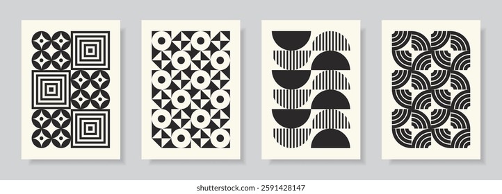 Monochrome abstract poster set. Designs with simple geometric shapes. Black and white seamless pattern collection. Cards in retro bauhaus minimal flat style. Vector illustration.