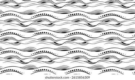 Monochrome abstract seamless background. Black white vector illustration. Zentangle style design. Randomly black curved lines on white background. Unusual decorative design elements for your projects