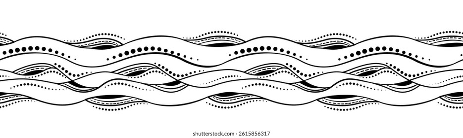 Monochrome abstract seamless border. Black white vector illustration. Zentangle style design. Randomly black curved lines and circles on white background. Unusual decorative design elements