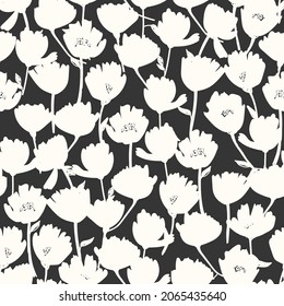 Monochrome abstract seamless pattern. Black and white botanical illustration. Hand drawn stylized flower silhouettes, digital art