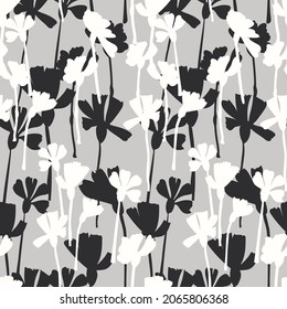Patrón uniforme abstracto monocromo. Ilustración botánica en blanco y negro. Siluetas de flores estilizadas dibujadas a mano, arte digital