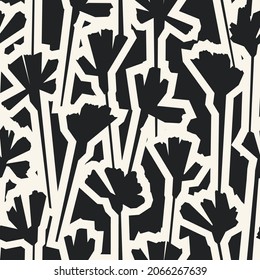 Patrón uniforme abstracto monocromo. Ilustración botánica en blanco y negro. Siluetas de flores estilizadas dibujadas a mano, arte digital