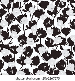 Monochrome abstract seamless pattern. Black and white botanical illustration. Hand drawn stylized flower silhouettes, digital art
