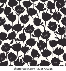 Monochrome abstract seamless pattern. Black and white botanical illustration. Hand drawn stylized flower silhouettes, digital art