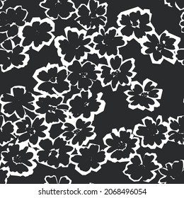 Patrón uniforme abstracto monocromo. Ilustración botánica en blanco y negro. Siluetas de flores estilizadas dibujadas a mano, arte digital
