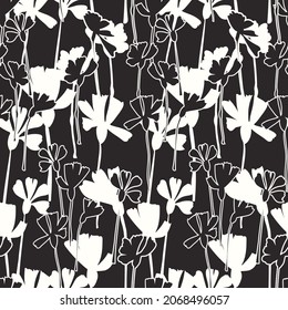 Patrón uniforme abstracto monocromo. Ilustración botánica en blanco y negro. Siluetas de flores estilizadas dibujadas a mano, arte digital