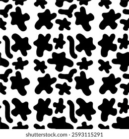 Monochrome Abstract Seamless Pattern with Black and White Organic Shapes on White Background