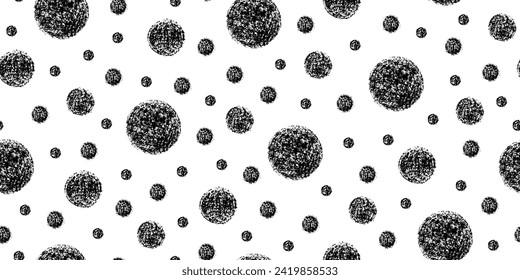 Monochrome Abstract Seamless Pattern of Hand-Drawn Black Circles on White Background. Style of Children's Drawing. Continuous Background with Geometric Shapes for Universal Application.