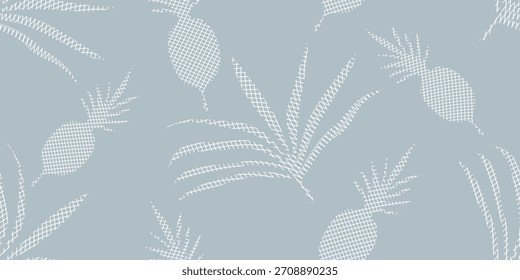Monochrome abstract seamless pattern with hand-drawn pineapple and palm leaf motifs. Perfect for modern textile designs, fabric motifs, wallpaper, or backdrop designs. Vector illustration