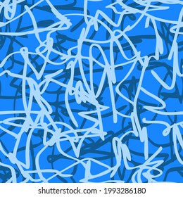 monochrome abstract seamless pattern. light and dark chaotic overlapping stripes, stylized as calligraphic painting, on a blue background. vector