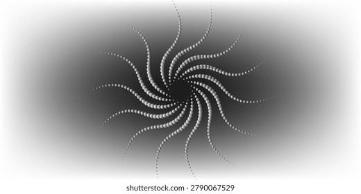 Monochrome abstract spiral vortex formed by dotted swirling arms over a soft radial gradient background, evoking motion, depth, hypnosis and modern minimal texture for design, science or futuristic themes.

