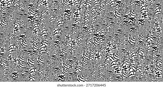 Textura abstracta monocromática con densos grupos de líneas onduladas en blanco y negro y Formas curvas que crean un efecto visual ruidoso caótico en todo el marco
