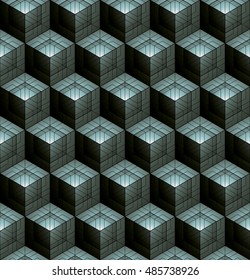 Monochrome abstract textured geometric seamless pattern with 3d geometric figures. Vector black and white textile backdrop.