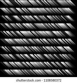 Monochrome abstract vector background. Horizontal rows of diagonal similarly shaped narrow sharp elements. Dynamic geometric vector backdrop for paper packaging, textile design, covers.
