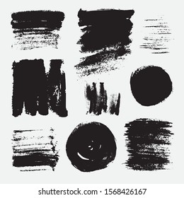 Monochrome abstract vector grunge textures. Set of hand drawn paint brush strokes and stains.