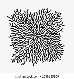 Monochrome abstract vector illustration with organic shape made of round particles. Modern scientific background with growing microscopic bacteria. Schematic generative fungus. Element of design.