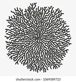 Monochrome abstract vector illustration with organic shape made of round particles. Modern scientific background with growing microscopic bacteria. Schematic generative fungus. Element of design.