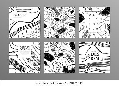 Monochrome abstract vector posters set. Modern graphic design backgrounds pack. Black Ink pothooks illustrations. Scrabbles and curvy lines surface social media banners templates collection