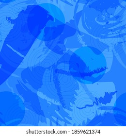 Monochrome abstract vector seamless pattern. Paint splashes and brush strokes in shades of blue color , inspired by oriental fabrics and textiles create  modern expressive background

