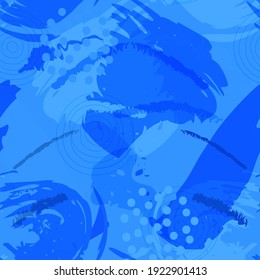Monochrome abstract vector seamless pattern. Paint splashes and brush strokes in shades of blue color , inspired by oriental fabrics and textiles create  modern expressive background
