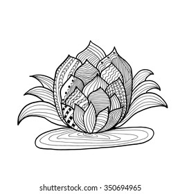 Monochrome abstract vector water lily flower. Hand-drawn floral texture coloring books, printing, postcards, congratulations. Henna tattoo template Mehndi