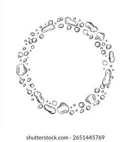 gotas de água abstratas monocromáticas em tamanhos variados ao redor do quadro com espaço vazio para o texto. Ilustração de vetor de bolhas efervescentes subaquáticas para decoração cosmética, etiqueta de bebidas, embalagem de beleza.