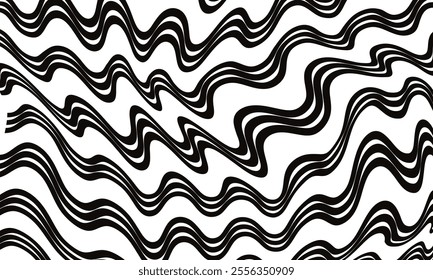 Monochrome abstract wavy background. Black and white curve stripes or lines design. Trippy rippled texture.