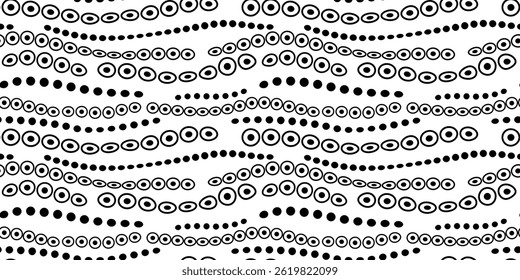 Monochrome abstract wavy seamless background. Black white vector illustration in Zentangle style. Randomly black white circles on white background. Unusual decorative design elements
